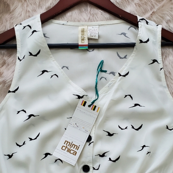 Mimi Chica Sleeveless Birds Pattern Mini Dress W/ Pockets Size Large - Picture 4 of 14